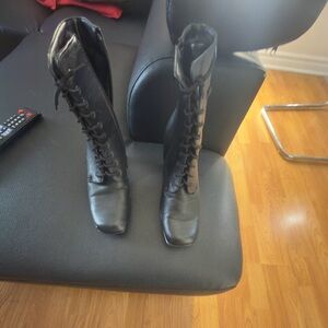 Women's Black Lace-Up Leather Knee Boots